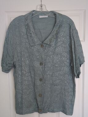 Bryn Walker Rayon Jacquard Dusty Sage Floral Button-Front Top Blouse Small EUC